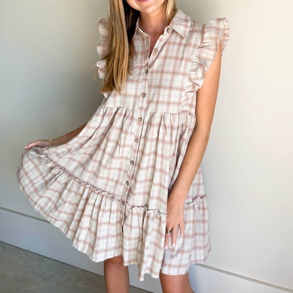 Daisy Lane Plaid Ruffle Mini Dress full button cotton butterfly sleeve Medium‌‌‌